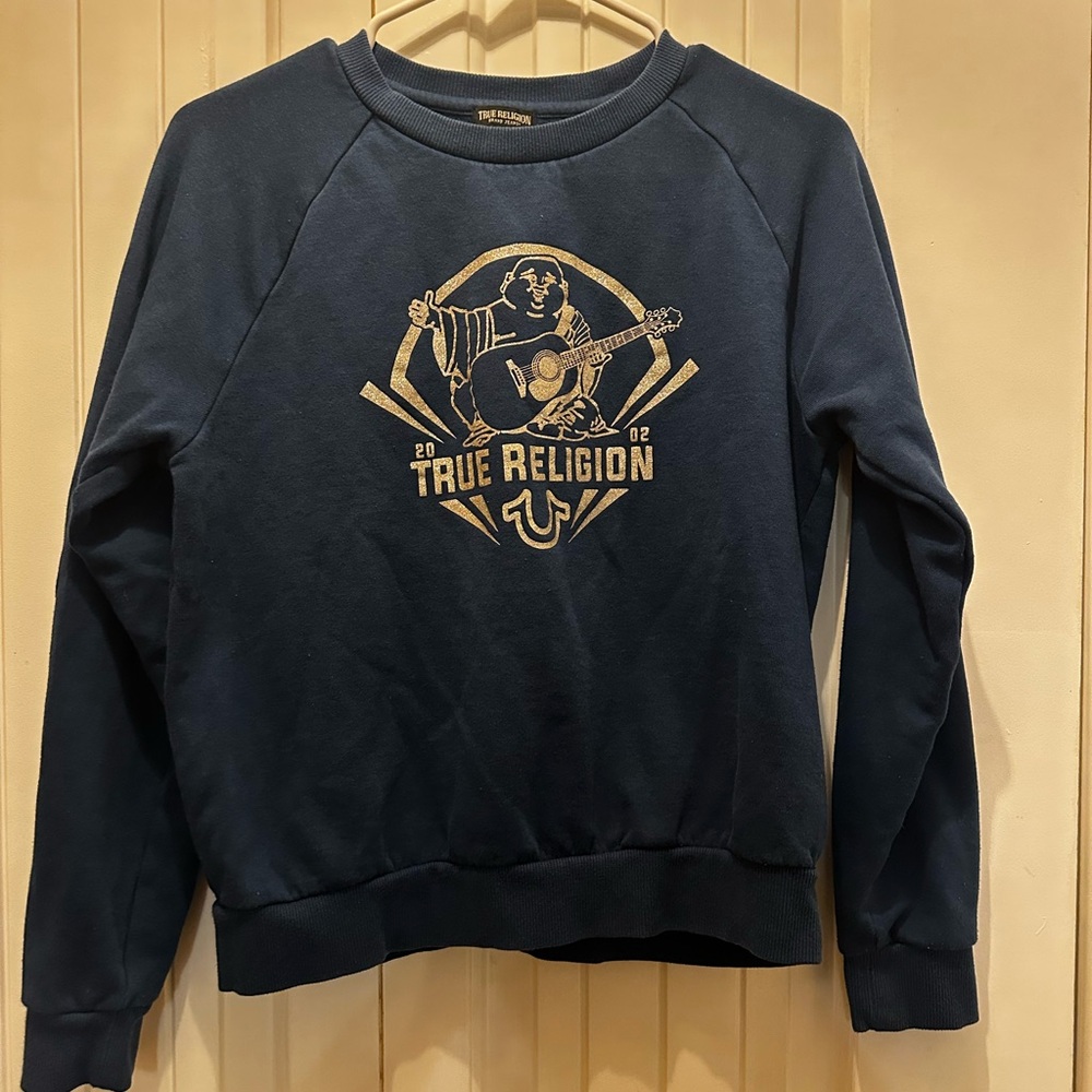 TRUE RELIGION Raglan Sleeve Buddha Logo Sweatshirt in Poseidon Blue Size M